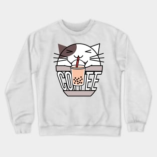 Cat in coffee cup with warped text drinking boba brown Crewneck Sweatshirt